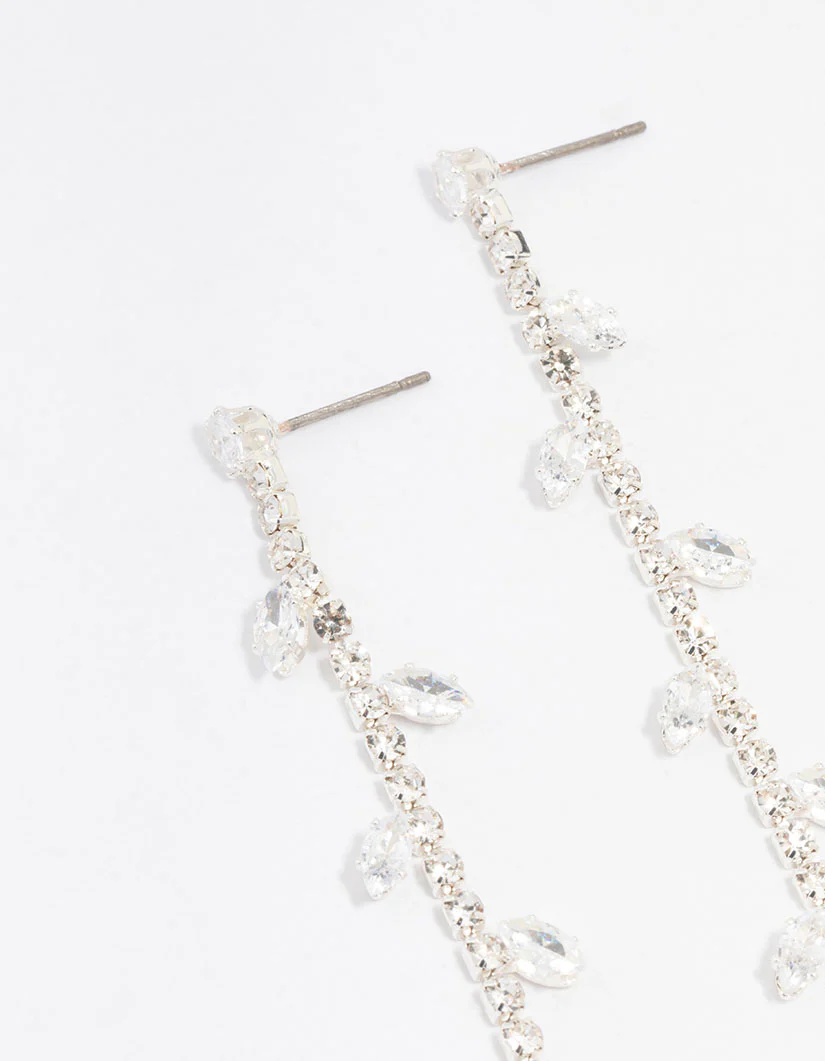 Silver Diamante Leaf Cup Chain Drop Earrings - Image 2