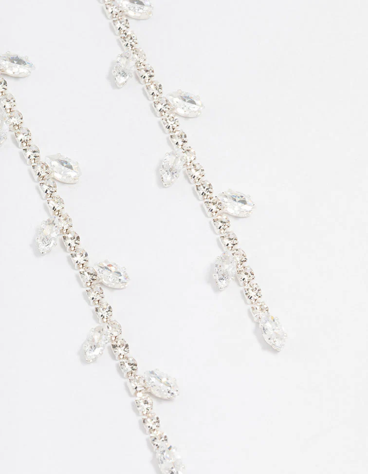 Silver Diamante Leaf Cup Chain Drop Earrings - Image 3