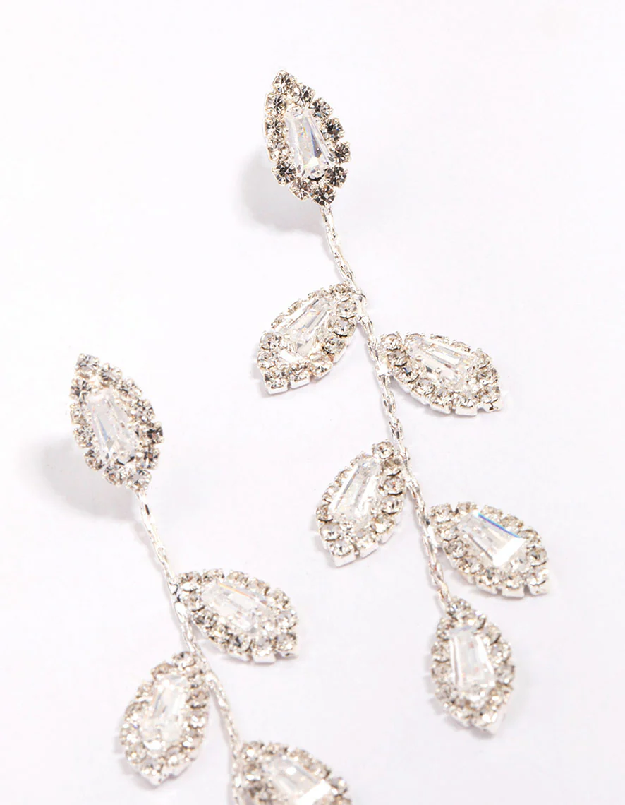 Silver Diamante Leaf Drop Earrings - Image 3