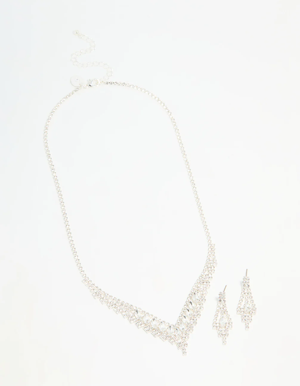 Silver Diamante Marquise Zigzag V Necklace & Earring Set - Image 2