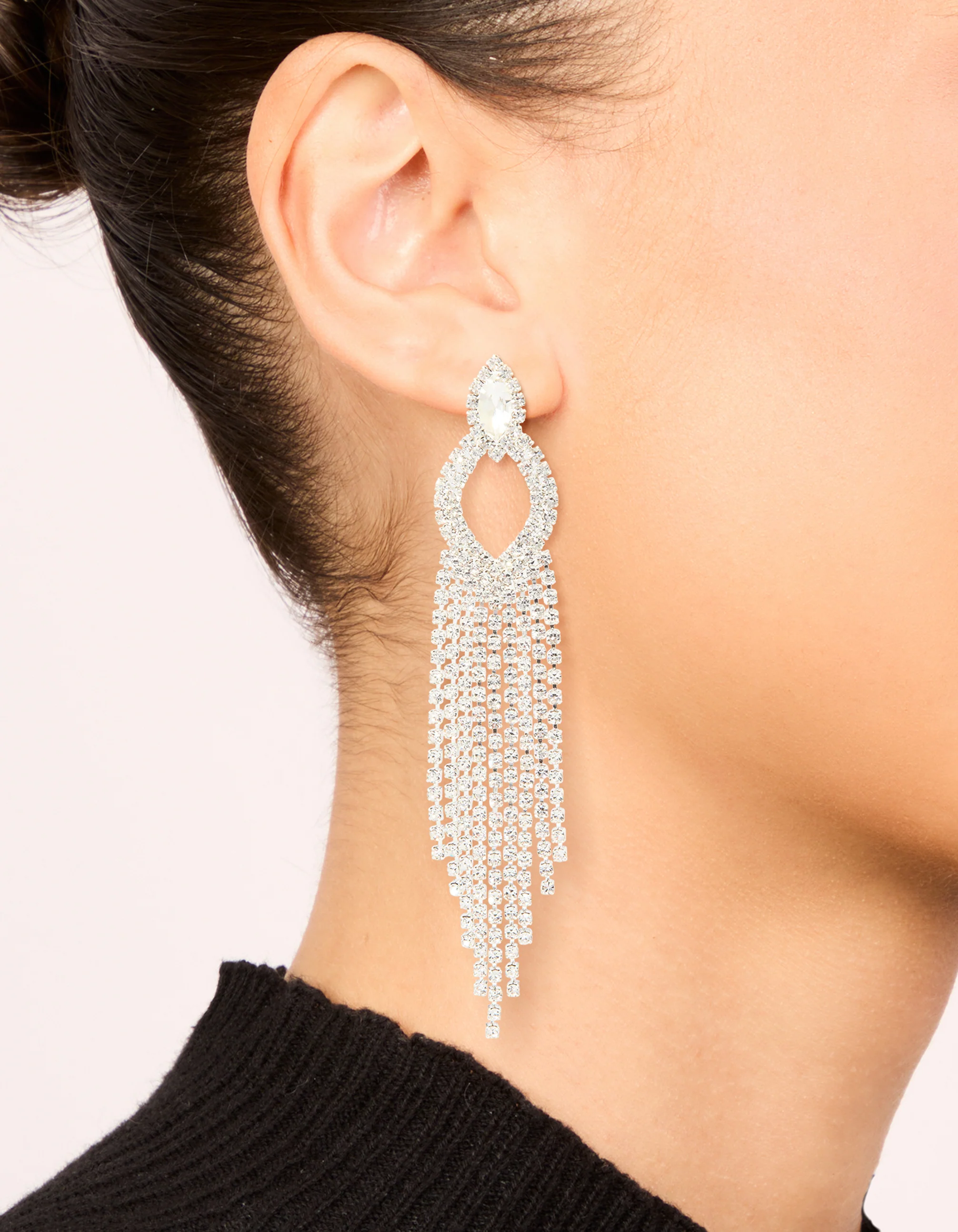 Silver Diamante Pear Tassel Drop Earrings - Image 2