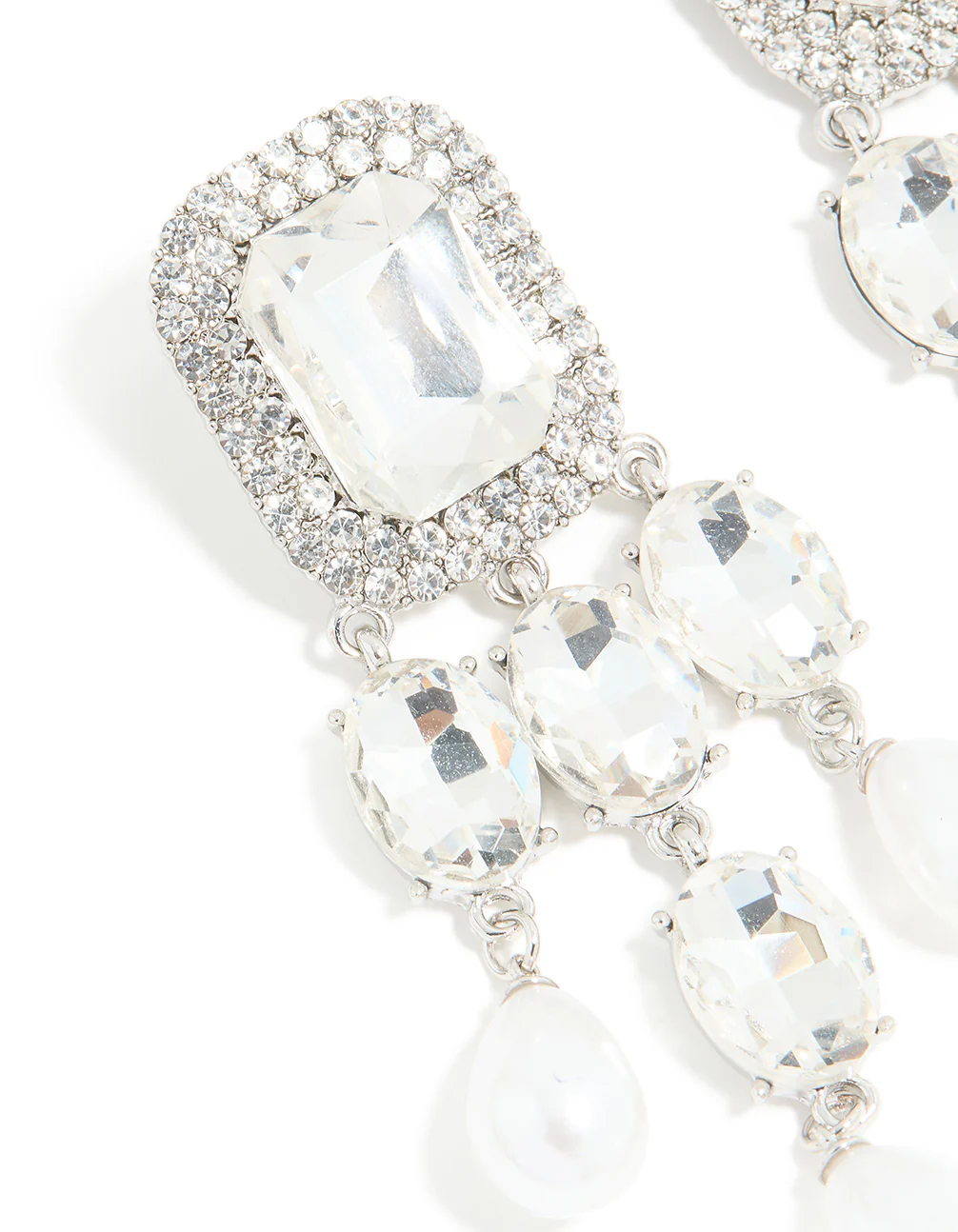 Silver Diamante Pearl Bling Drop Earrings - Image 2