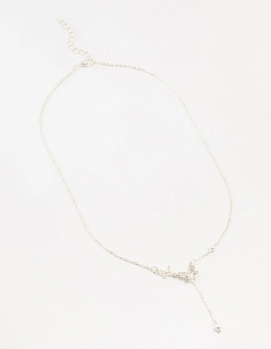 Silver Diamante Pearl Butterfly  Y-Necklace - Image 2