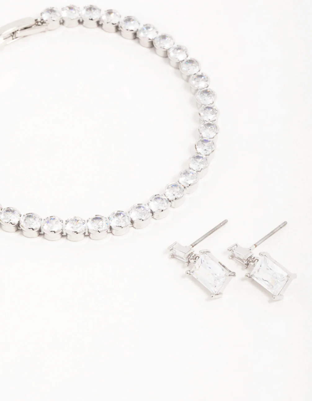 Silver Diamante Rectangle Drop Earrings & Tennis Bracelet Set - Image 2
