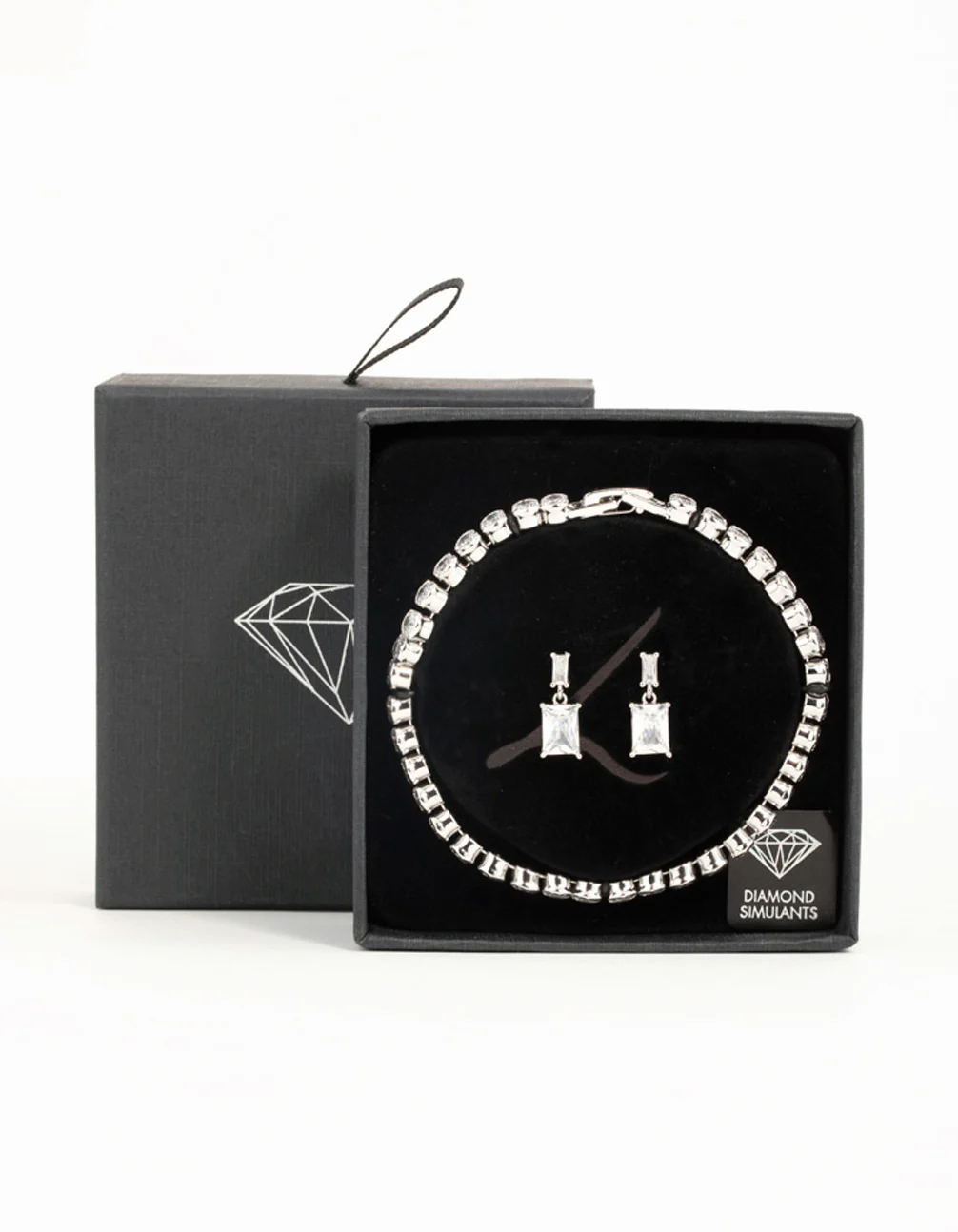 Silver Diamante Rectangle Drop Earrings & Tennis Bracelet Set - Image 3