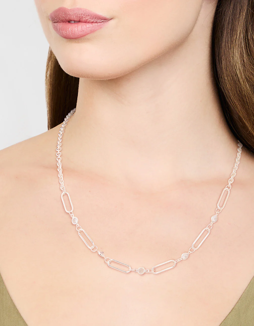 Silver Diamante Rectangular Chain Necklace - Image 2
