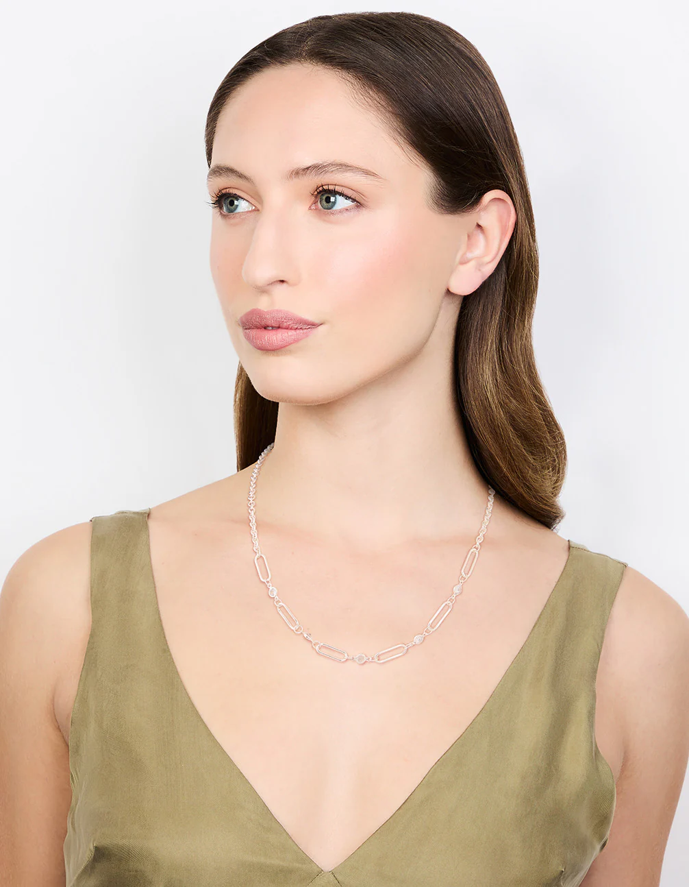 Silver Diamante Rectangular Chain Necklace - Image 3
