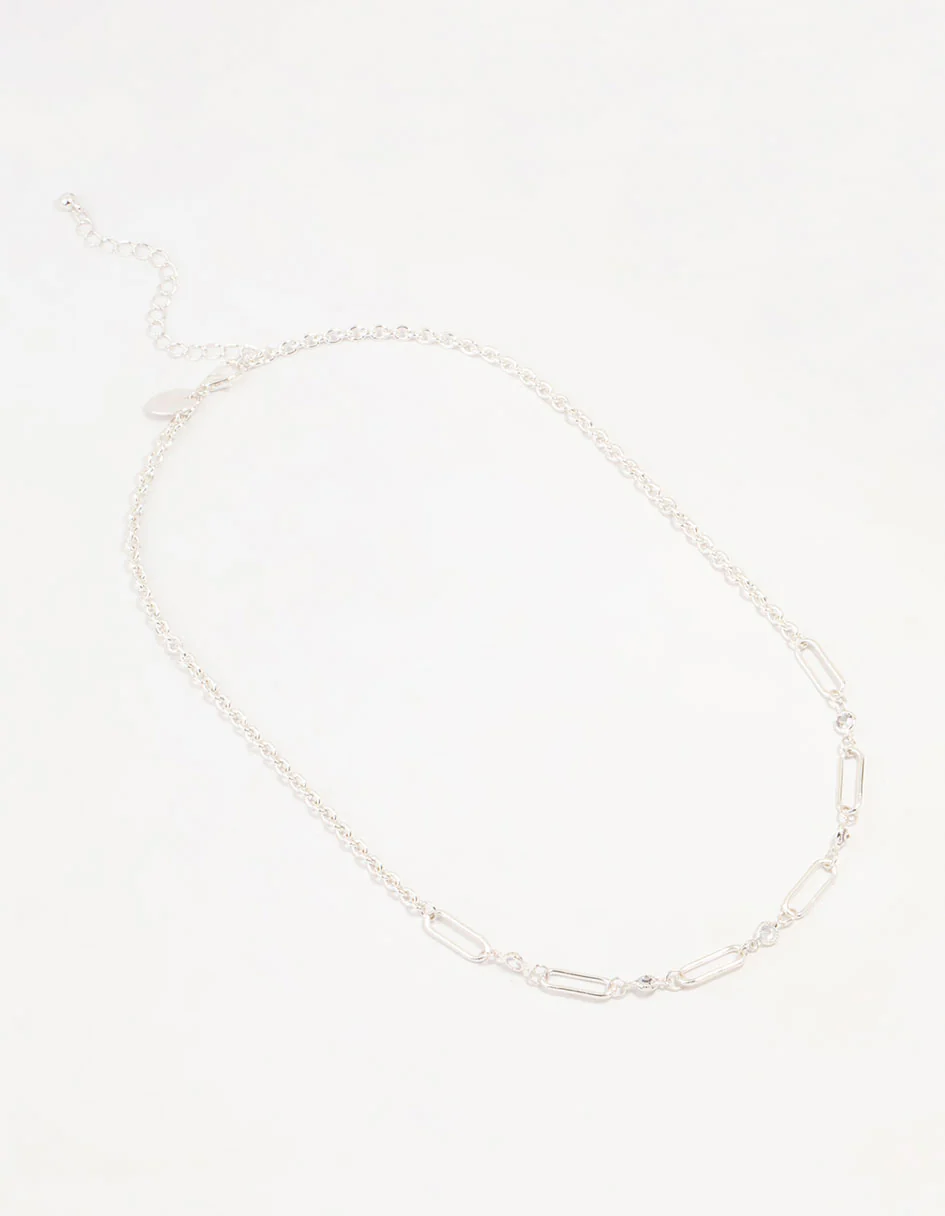 Silver Diamante Rectangular Chain Necklace - Image 4