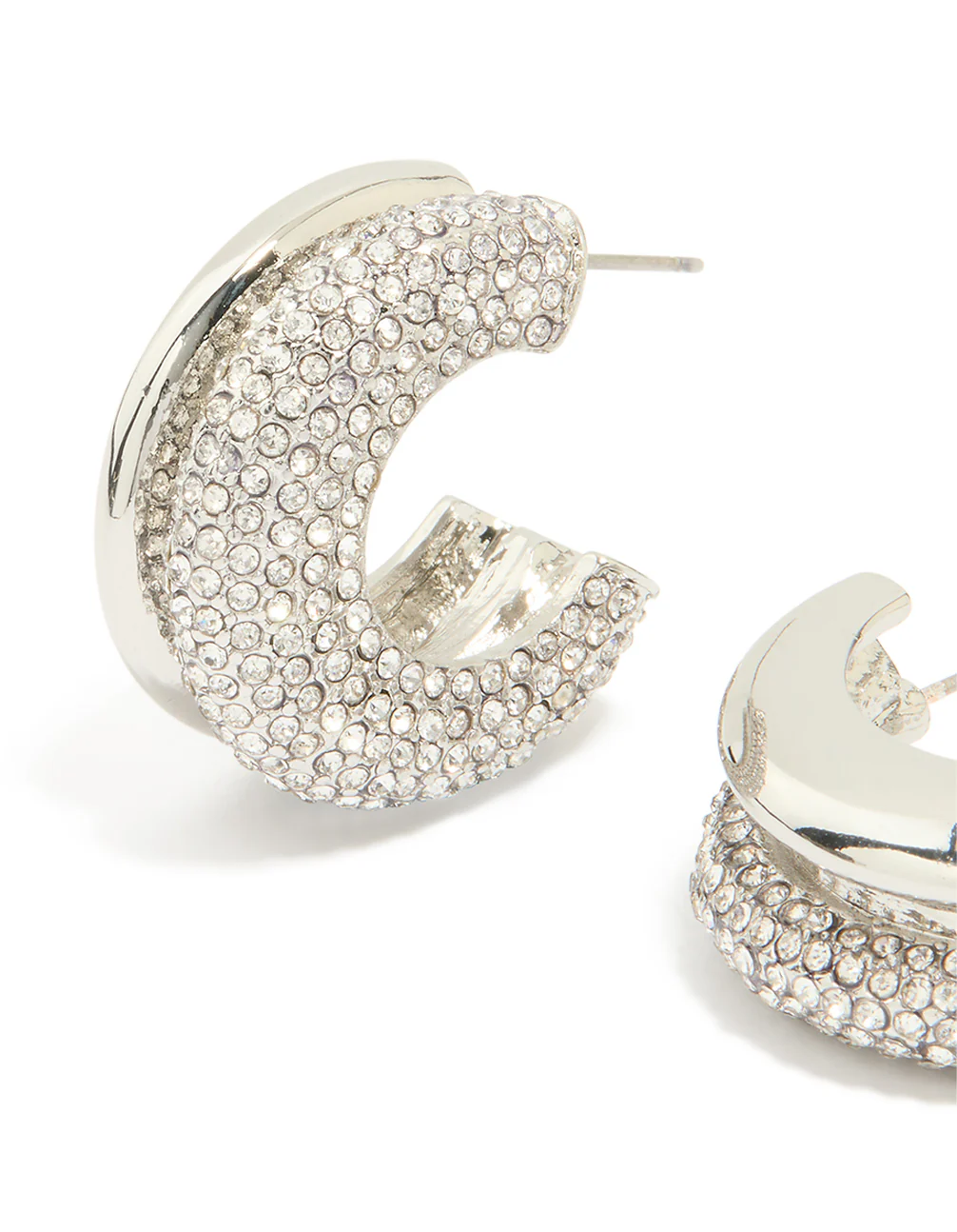 Silver Diamante Ribbed Double Hoop Earrings - Image 2