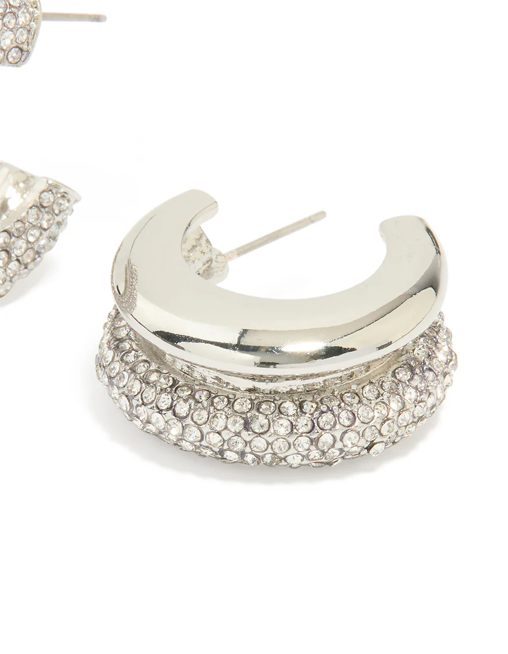 Silver Diamante Ribbed Double Hoop Earrings - Image 3