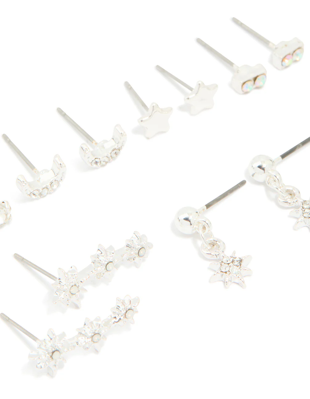 Silver Diamante Star & Moon Earrings 7-Pack - Image 2