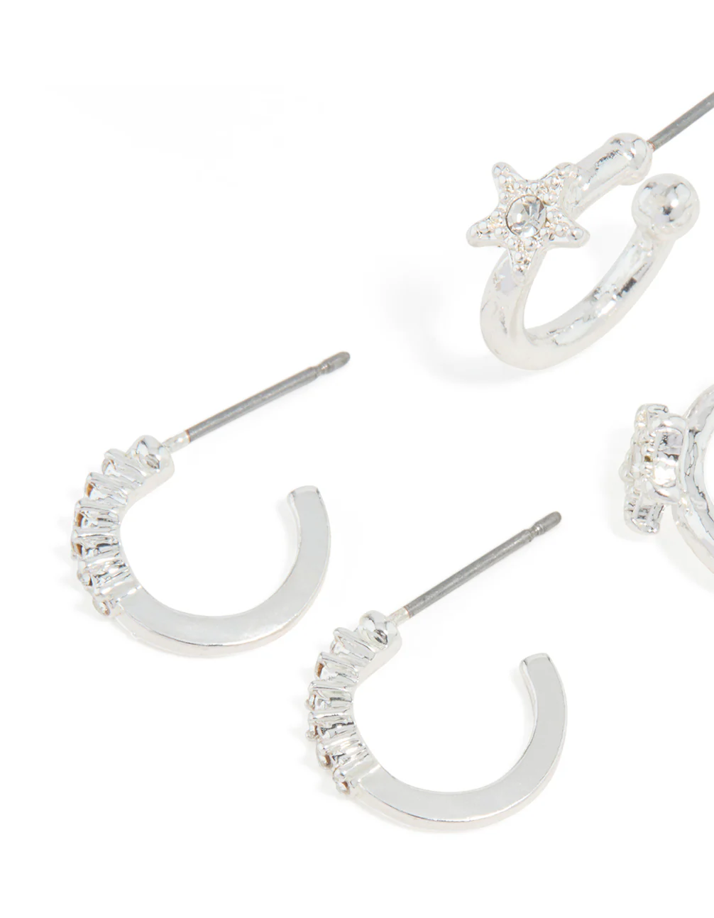 Silver Diamante Star & Smooth Hoop Earrings 3-Pack - Image 2