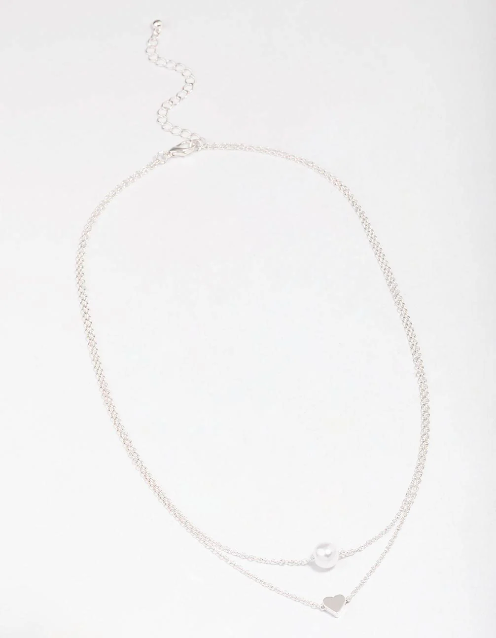 Silver Double Chain & Pearl Heart Layered Necklace - Image 2