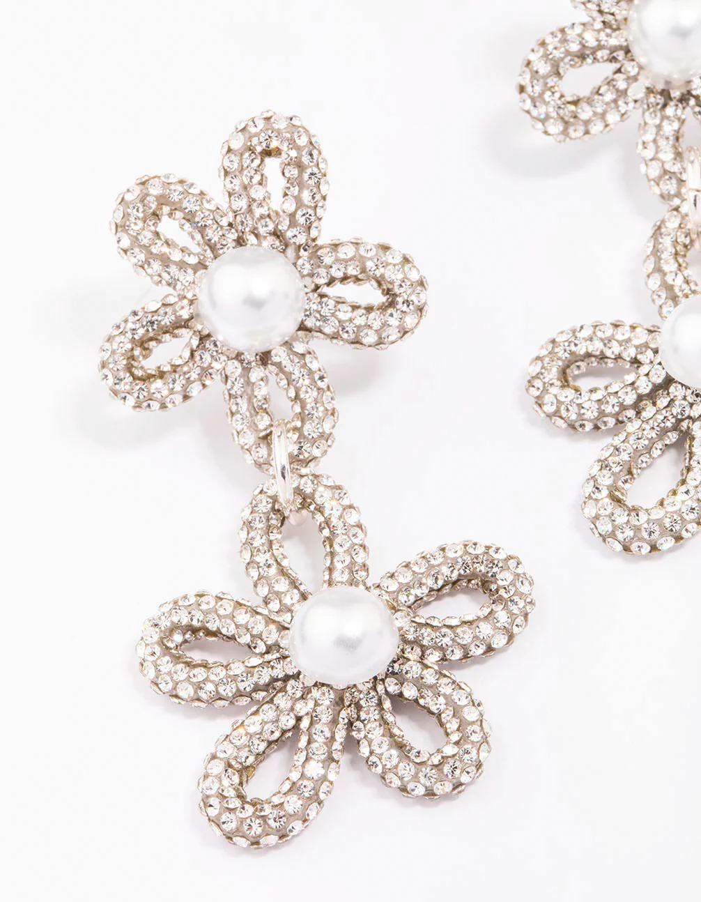 Silver Double Flower Pearl Drop Earrings - Image 2