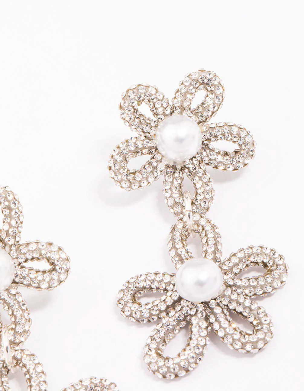 Silver Double Flower Pearl Drop Earrings - Image 3