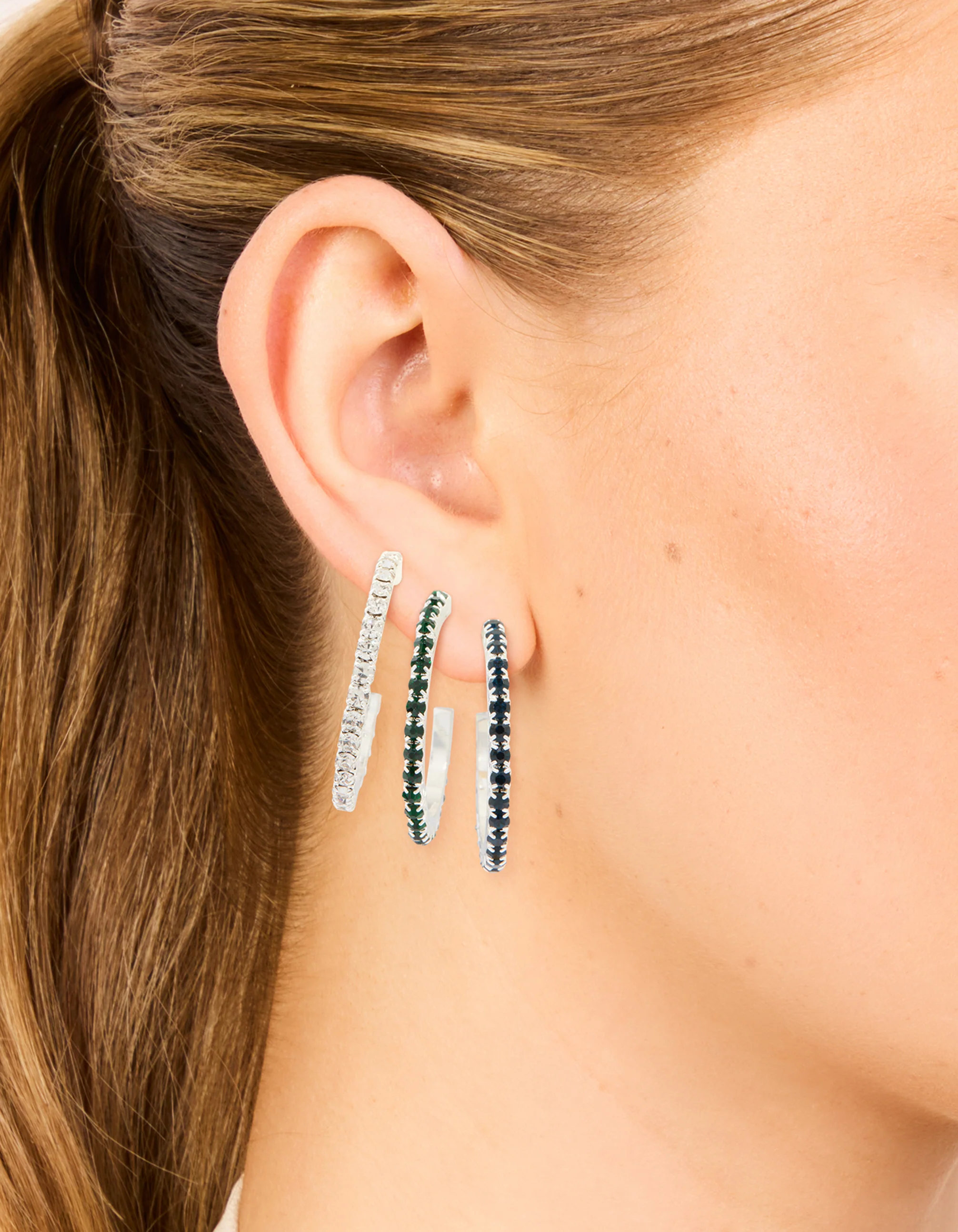 Silver Emerald Diamante Pavé Hoop Earrings 3-Pack - Image 2