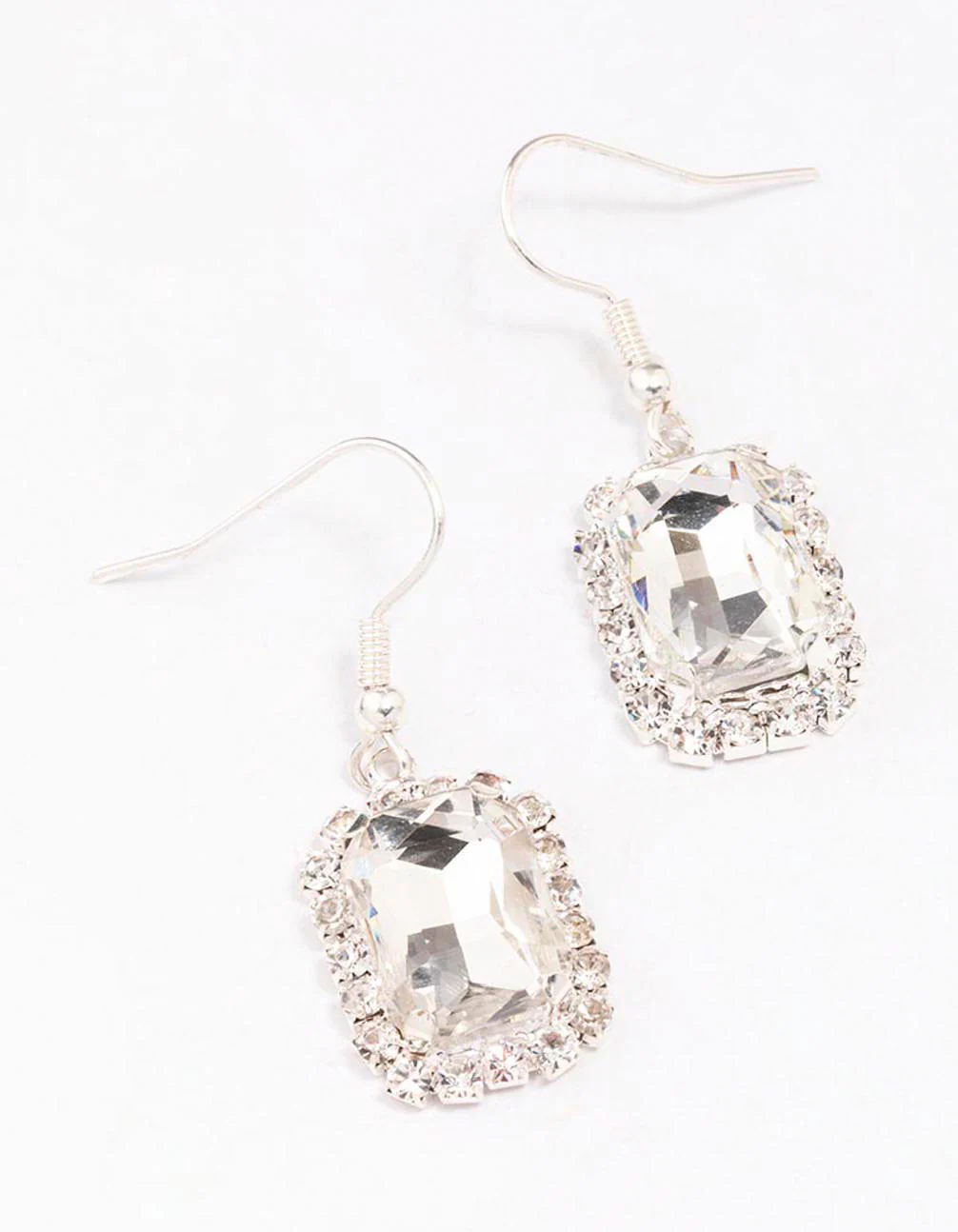 Silver Encased Rectangular Diamante Drop Earrings - Image 2