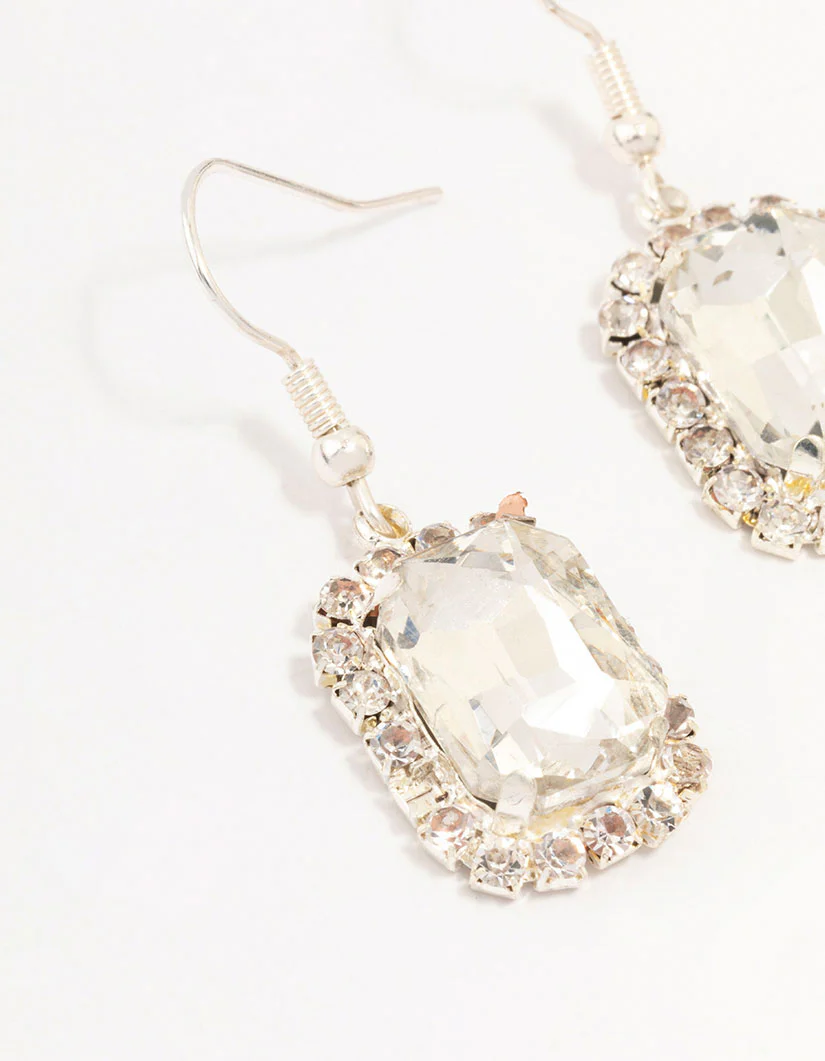 Silver Encased Rectangular Diamante Drop Earrings - Image 3