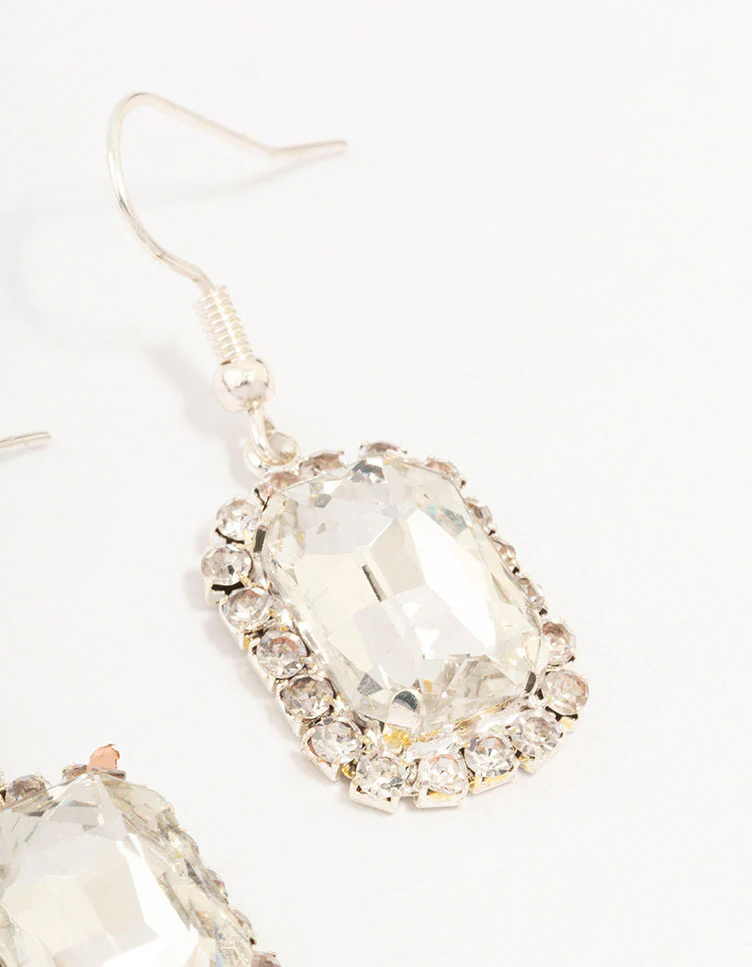 Silver Encased Rectangular Diamante Drop Earrings - Image 4