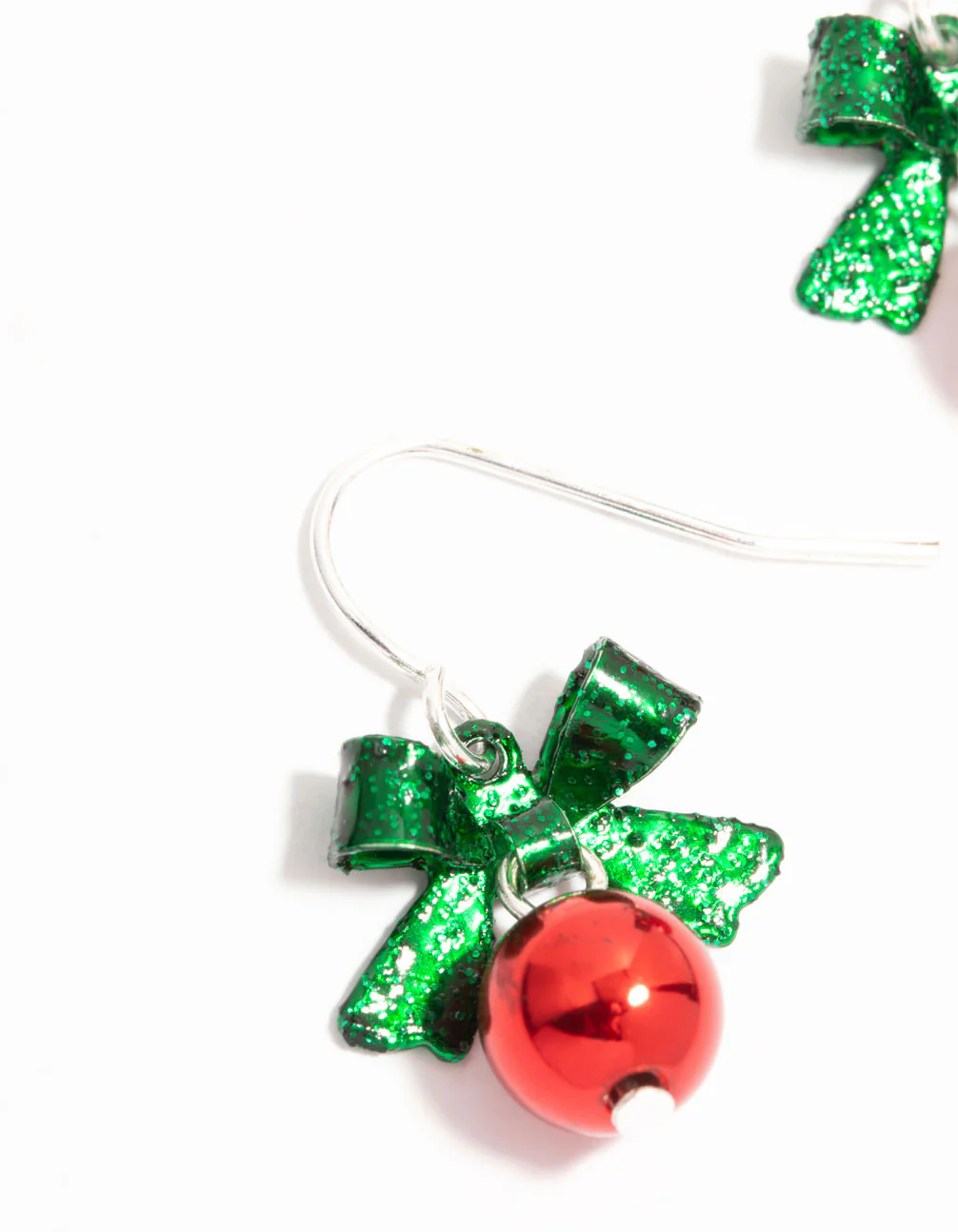 Silver Green Bow & Red Bell Drop Earrings - Image 2