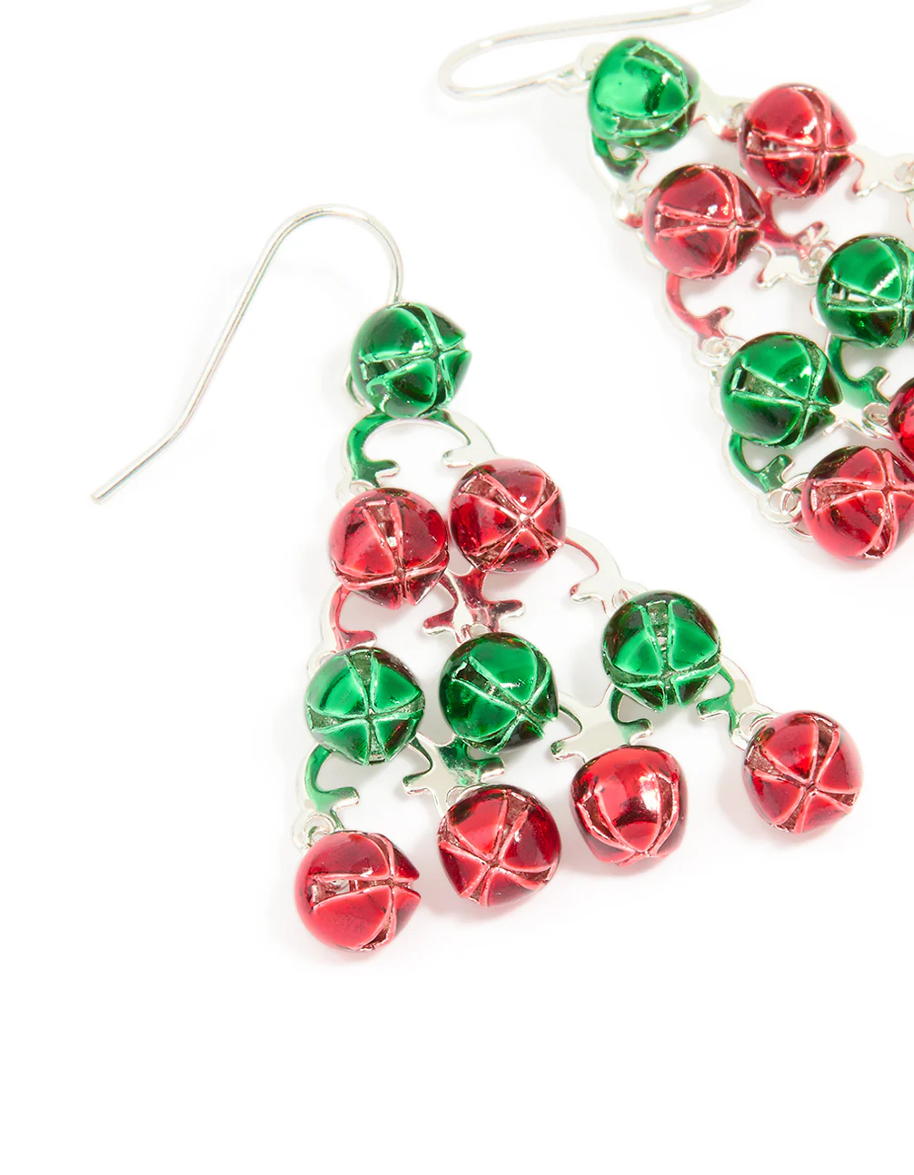 Silver Green & Red Bell Festive Tree Drop Earrings - Image 2