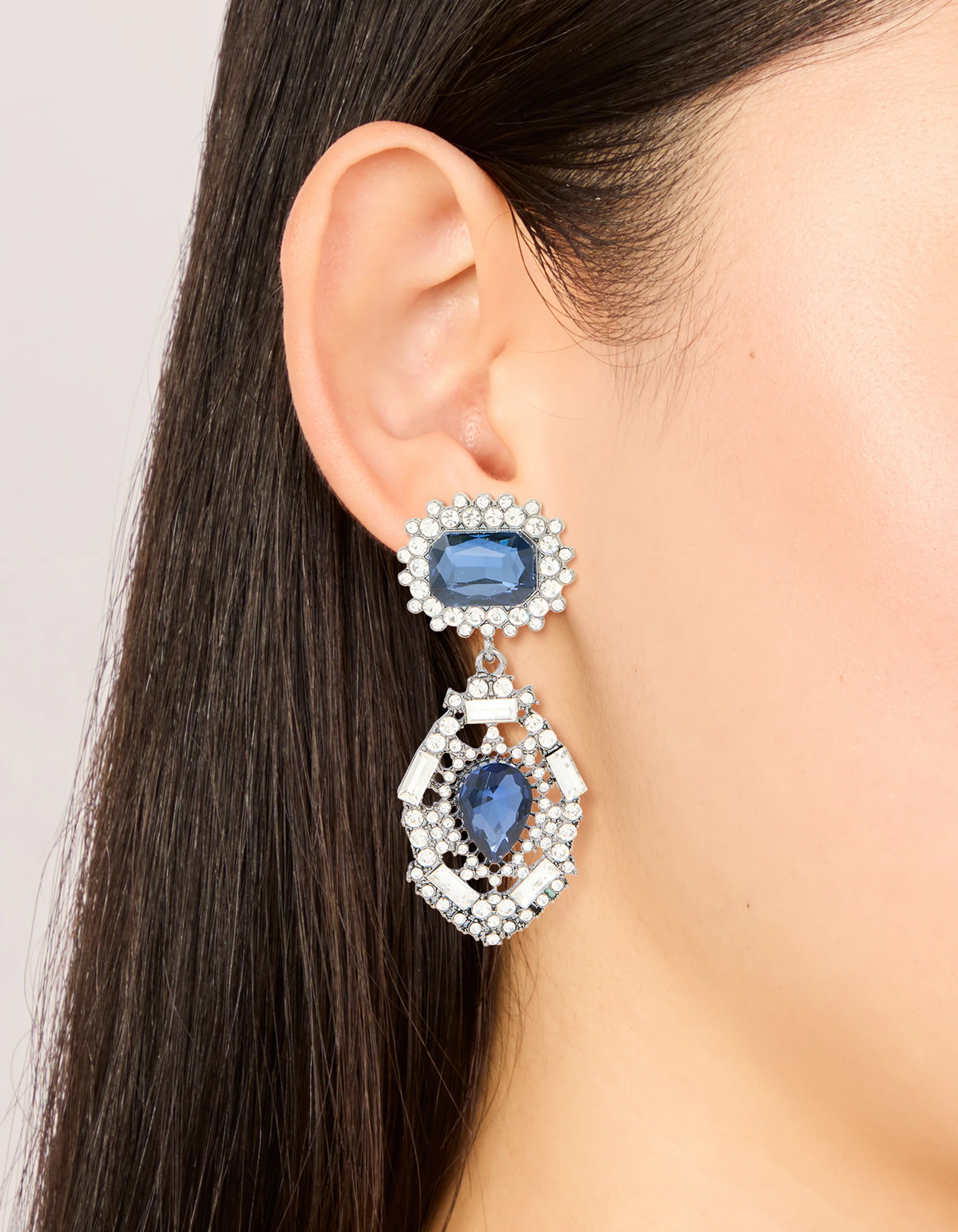 Silver Gunmetal Blue Diamante Pear Drop Earrings - Image 2