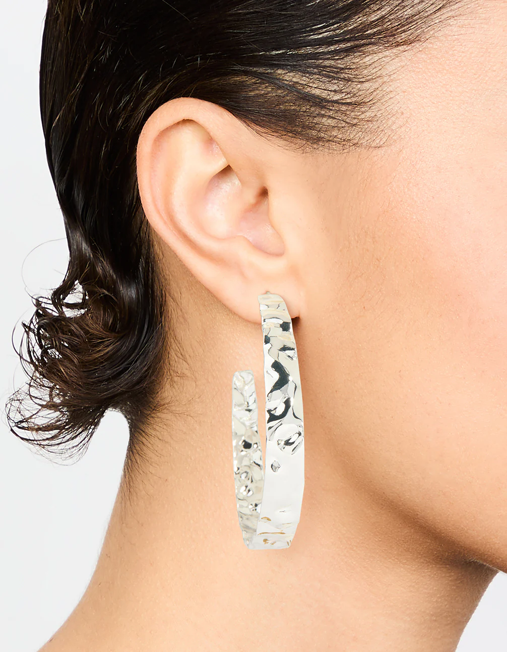 Silver Hammered Flat Hoop Earrings - Image 2