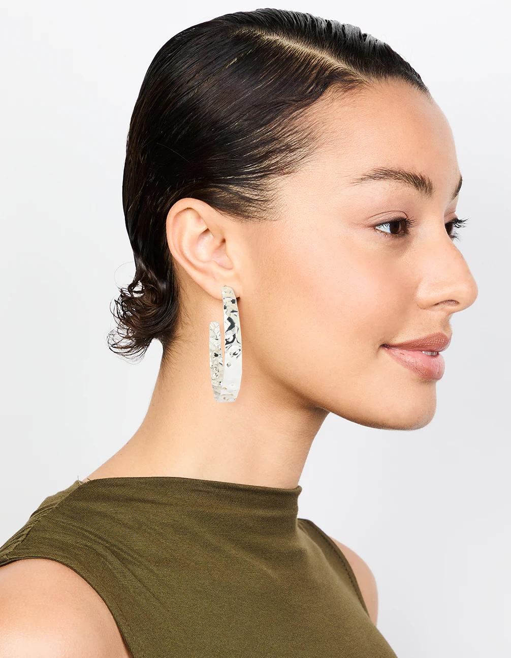 Silver Hammered Flat Hoop Earrings - Image 3