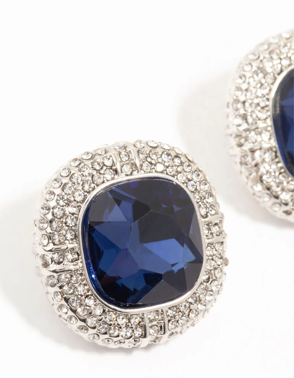 Silver Large Blue Diamante Stud Earrings - Image 2