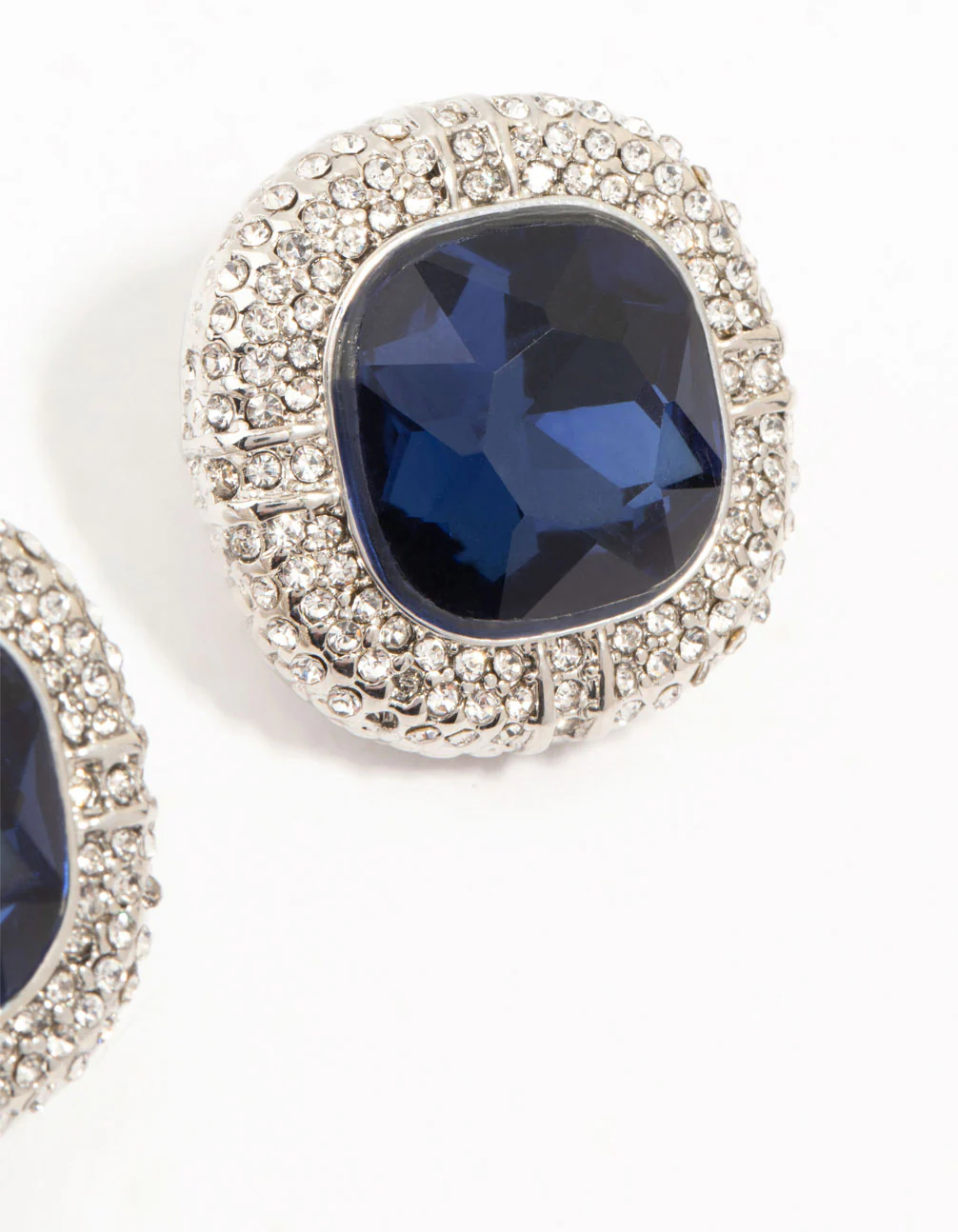 Silver Large Blue Diamante Stud Earrings - Image 3