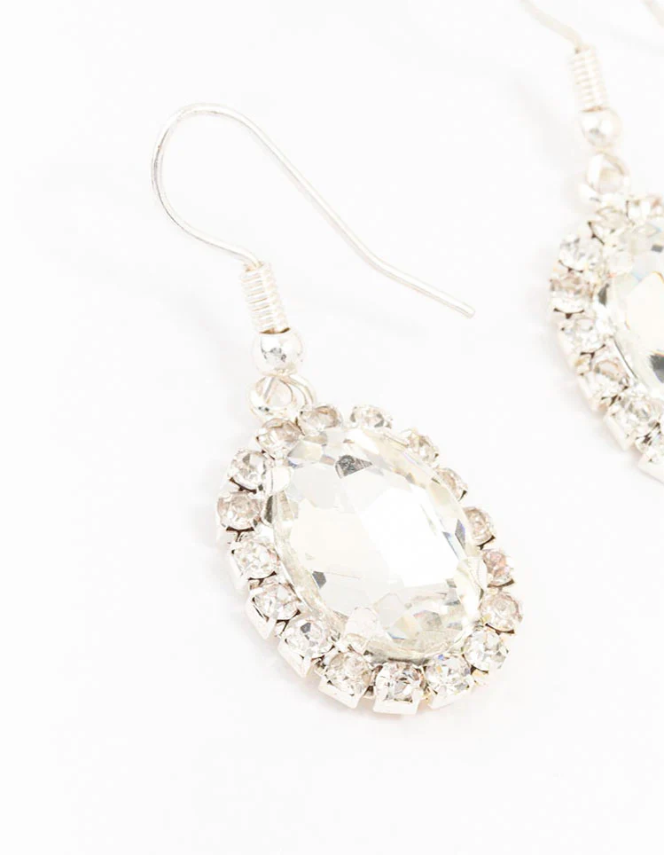 Silver Oval Halo Drop Earrings - Image 2