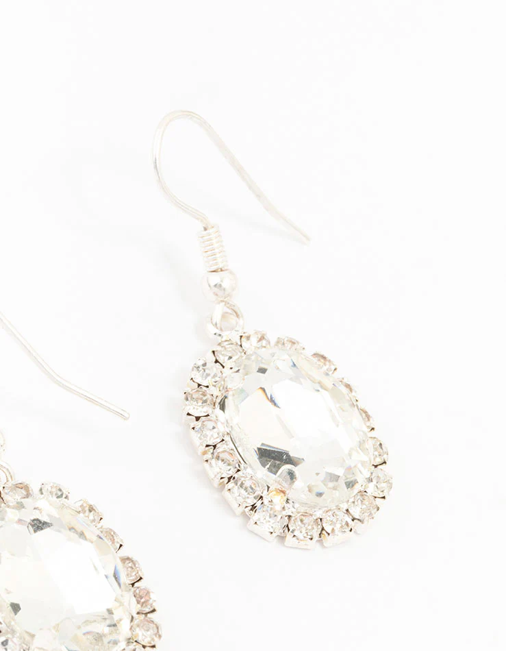 Silver Oval Halo Drop Earrings - Image 3