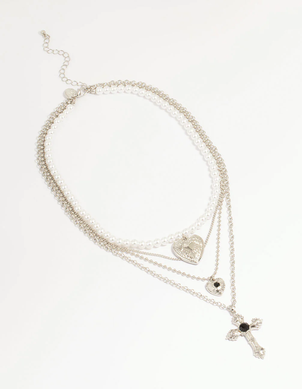 Silver Pearl Cross Layered Necklace - Image 2
