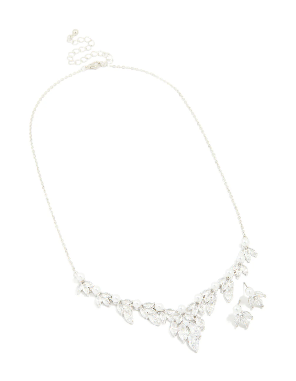 Silver Pearl Cubic Zirconia Flower Earrings & Necklace Set - Image 2