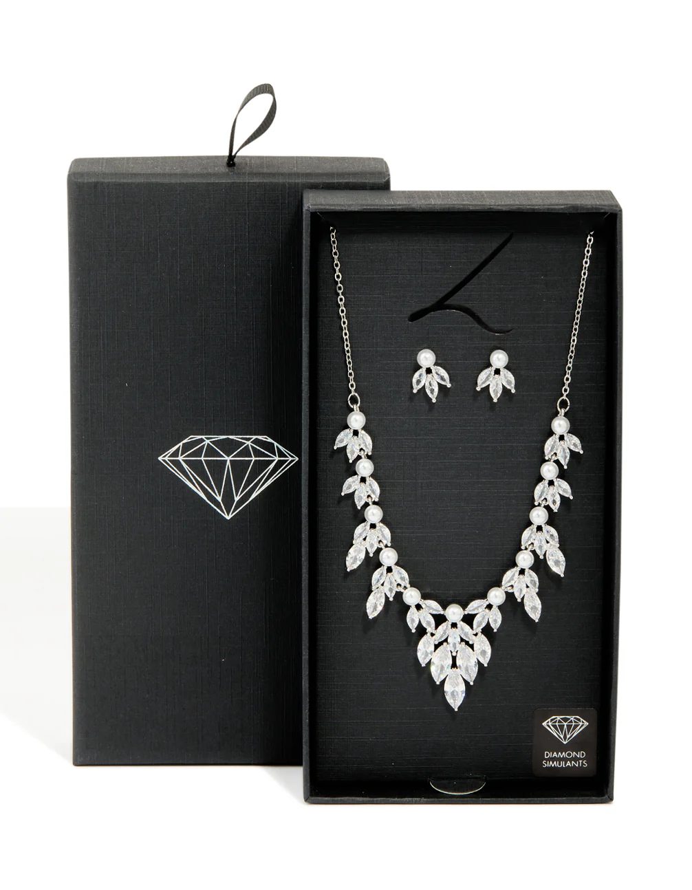 Silver Pearl Cubic Zirconia Flower Earrings & Necklace Set - Image 3