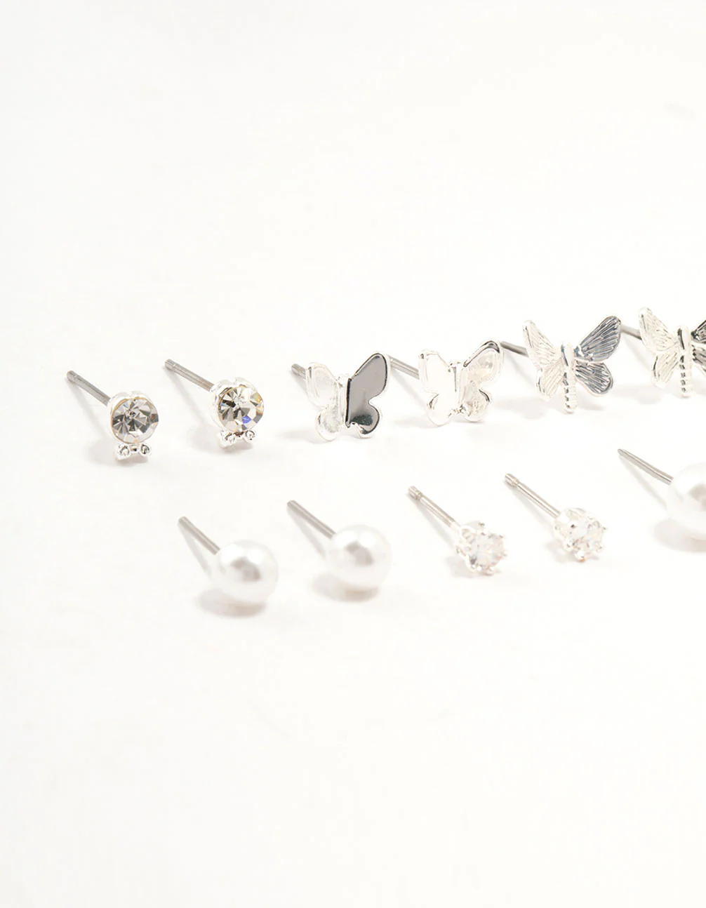 Silver Pearl Diamante Butterfly Earrings 8-Pack - Image 2