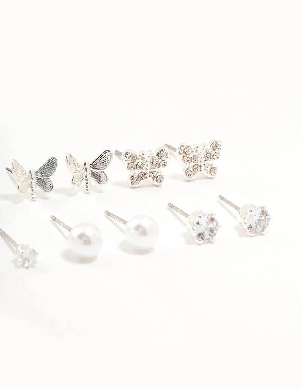 Silver Pearl Diamante Butterfly Earrings 8-Pack - Image 3