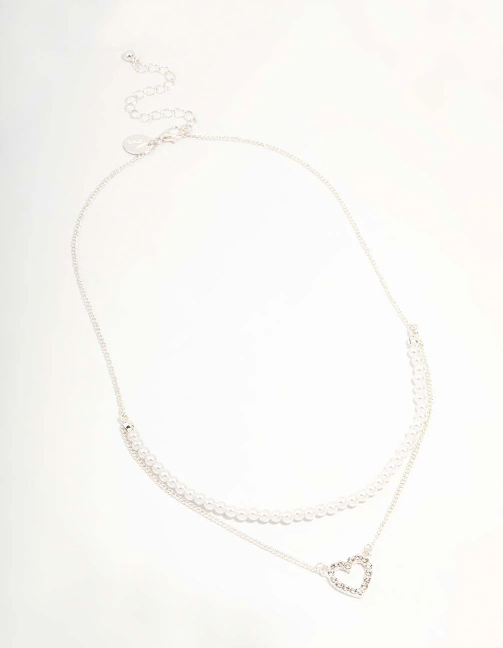 Silver Pearl & Diamante Heart Layered Necklace - Image 2