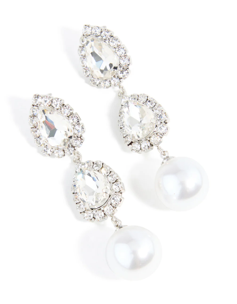 Silver Pearl Diamante Pear Drop Earrings