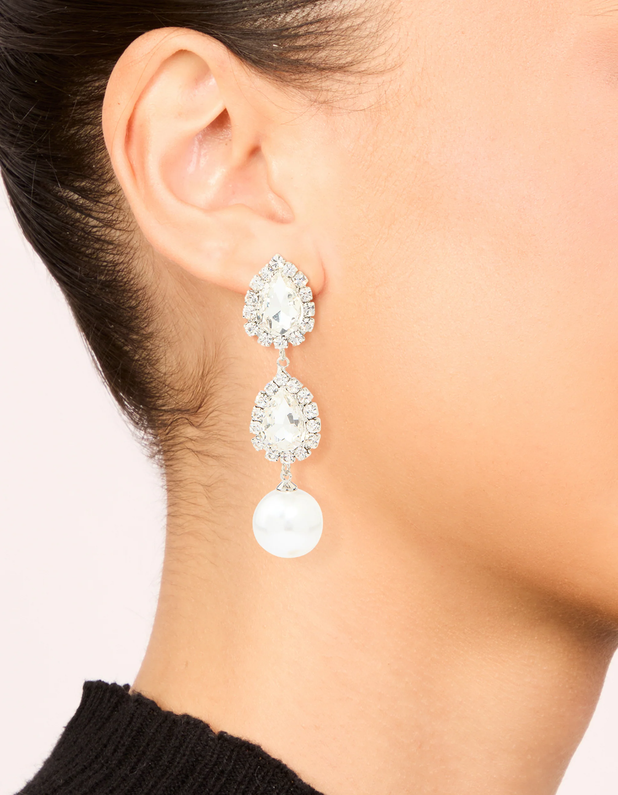 Silver Pearl Diamante Pear Drop Earrings - Image 2