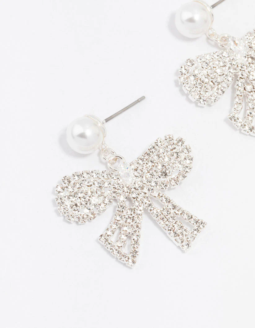 Silver Pearl Diamante Small Bow Drop Earrings - Image 2
