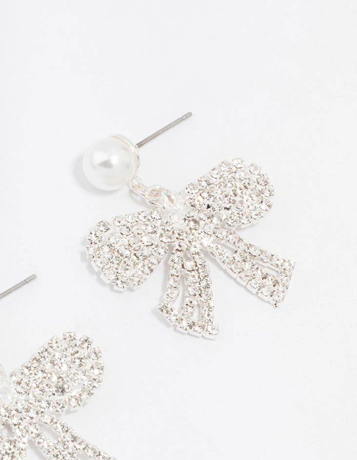 Silver Pearl Diamante Small Bow Drop Earrings - Image 3