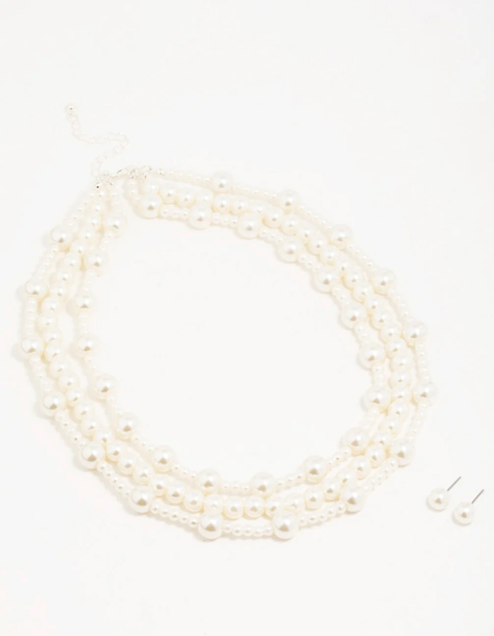 Silver Pearl Layered Necklace & Earrings Set - Image 2