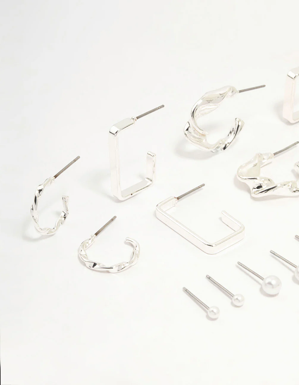 Silver Pearl & Mixed Shape Hoop Earrings 8-Pack - Image 2