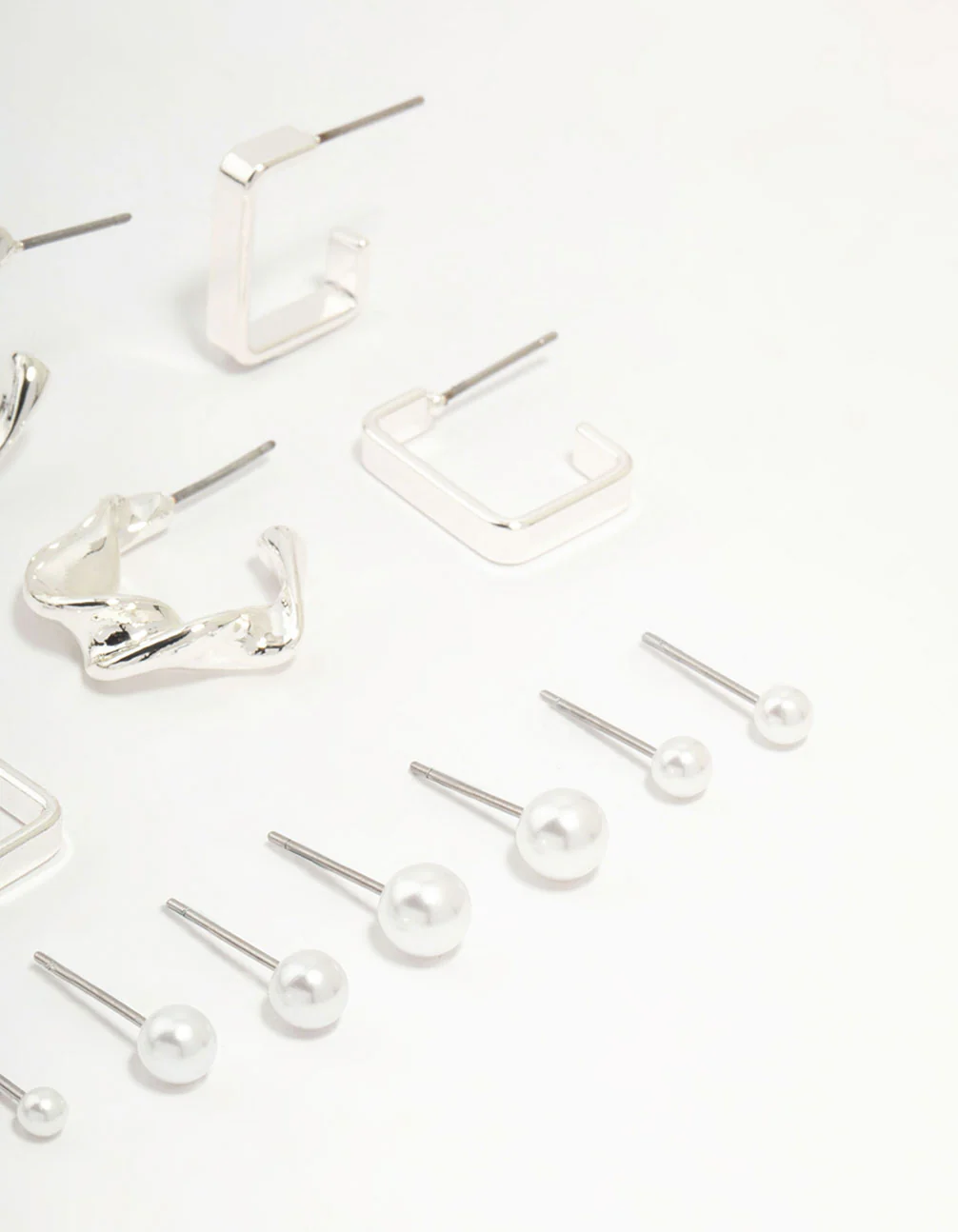 Silver Pearl & Mixed Shape Hoop Earrings 8-Pack - Image 3