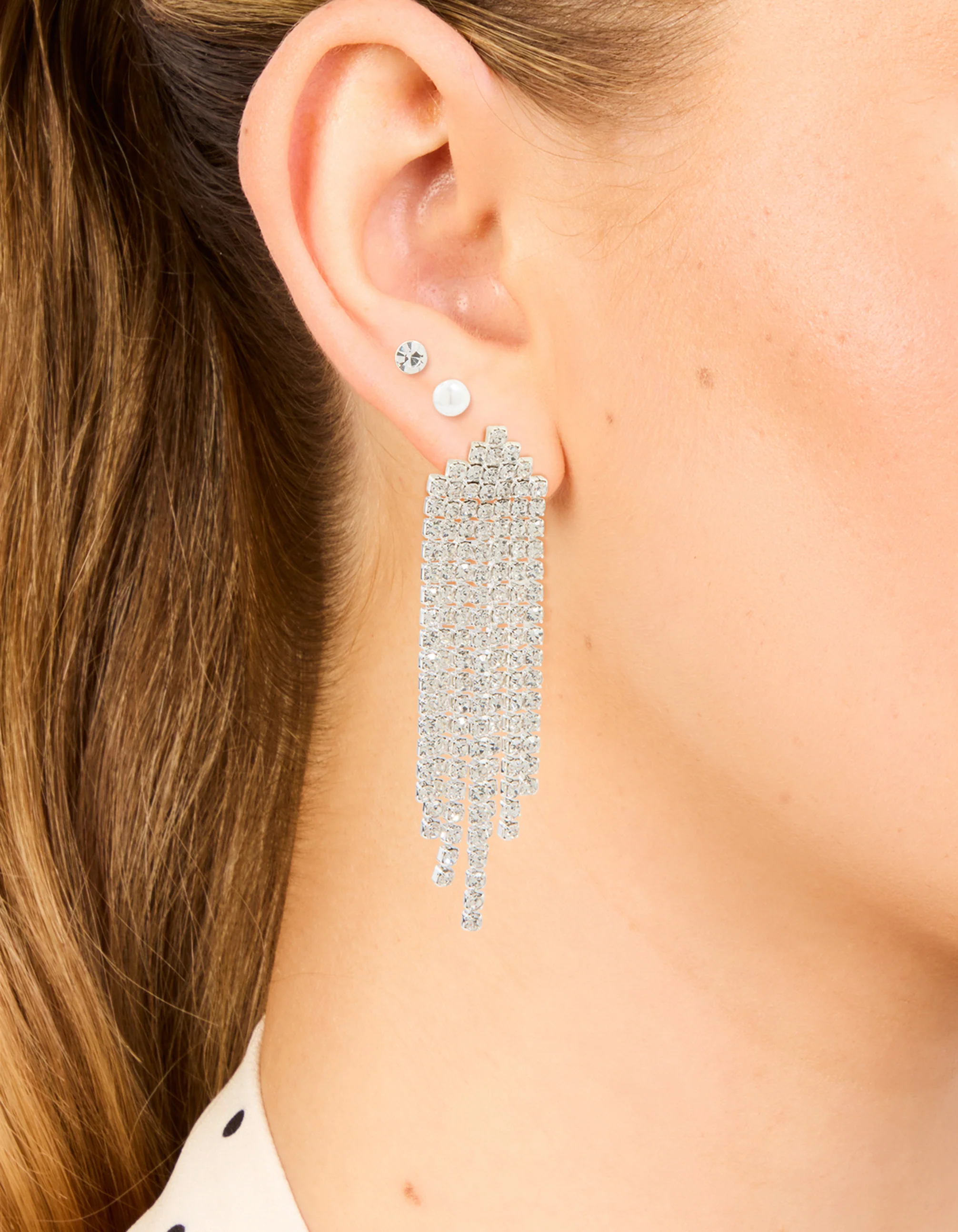 Silver Pearl Stud & Diamante Cupchain Earrings 3-Pack - Image 2