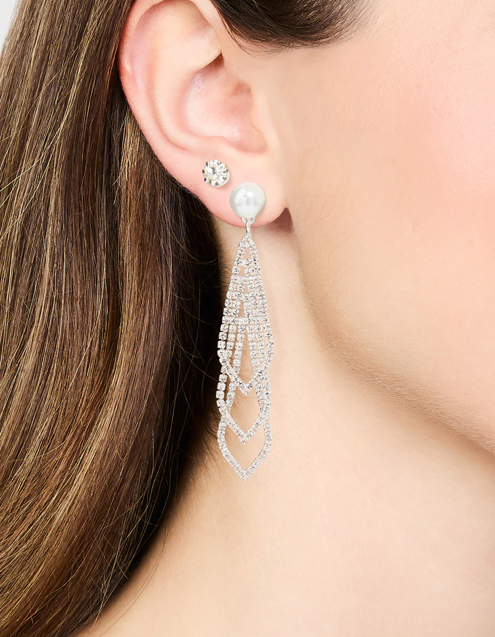 Silver Diamante Pearl Triangular Layered Earrings 2-Pack - Image 2