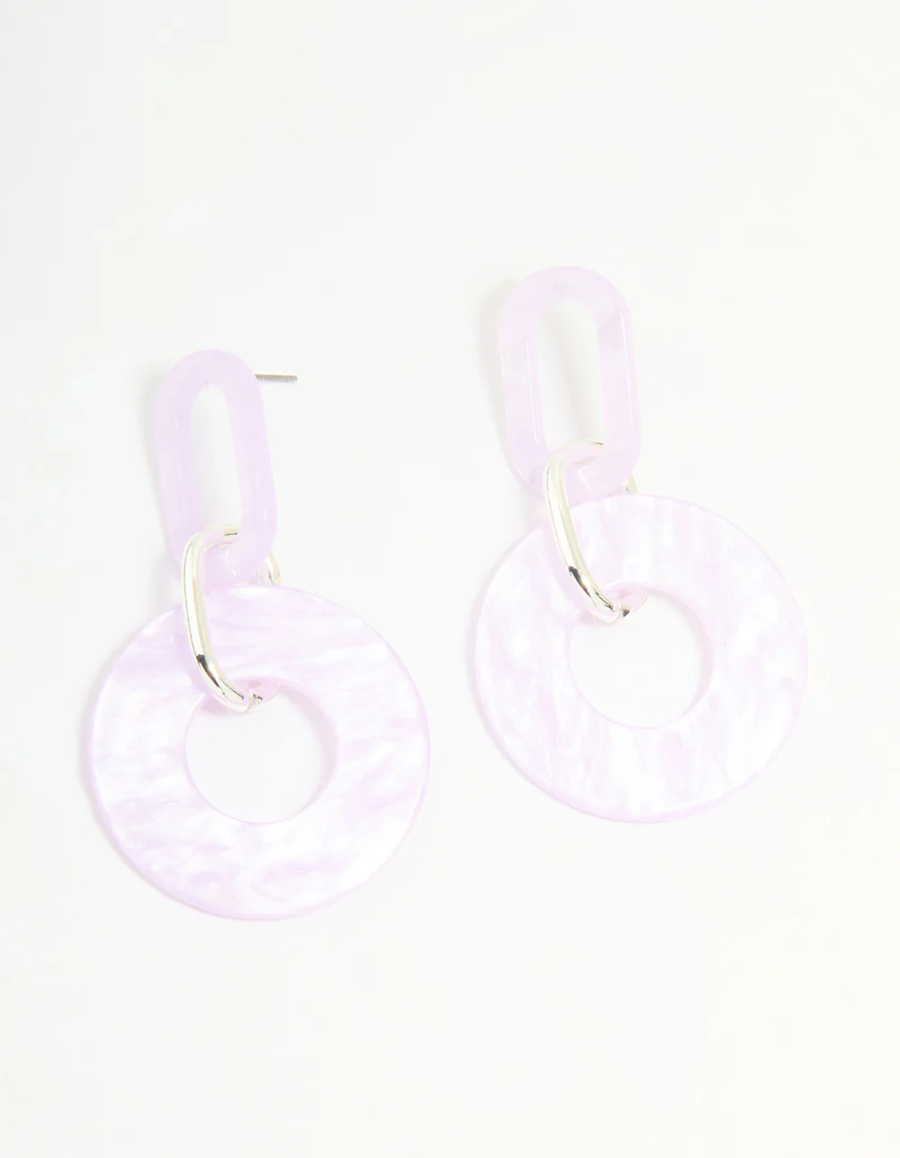 Silver Pink Acrylic Circle Link Drop Earrings