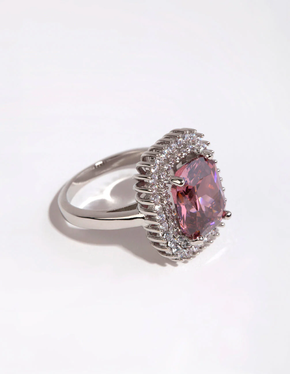Rhodium Cushion Pink Cubic Zirconia Ring - Image 2