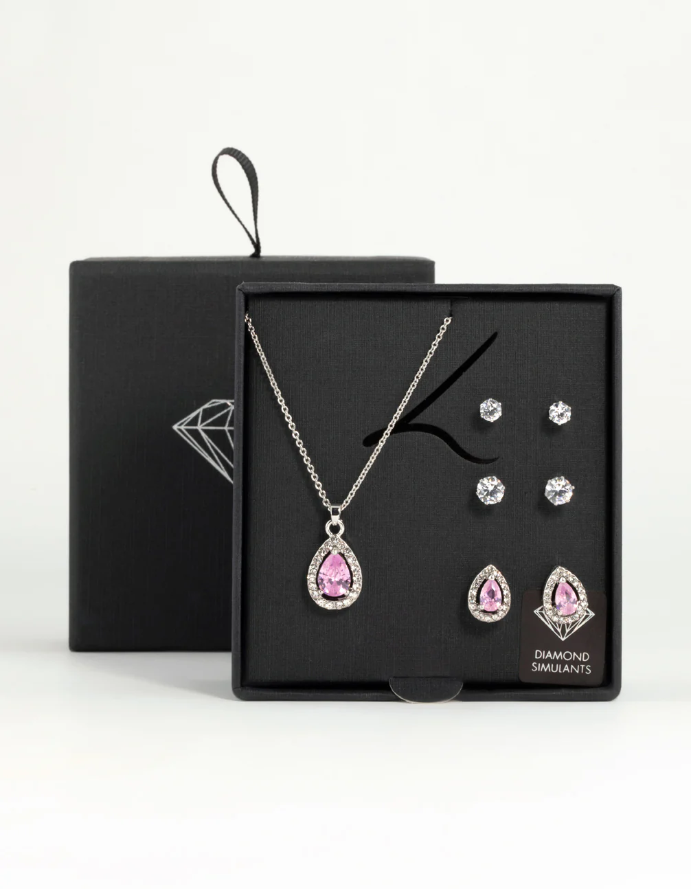Silver Pink Cubic Zirconia Drop Necklace & Stud Earrings Set - Image 3